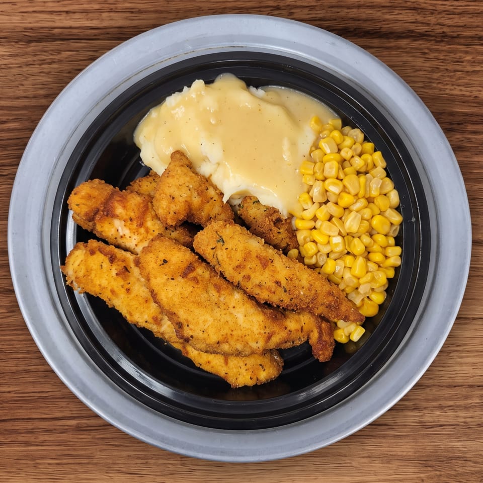 Fried chicken tenders, mashed potatoes with gravy, and corn in a takeout container on wood.