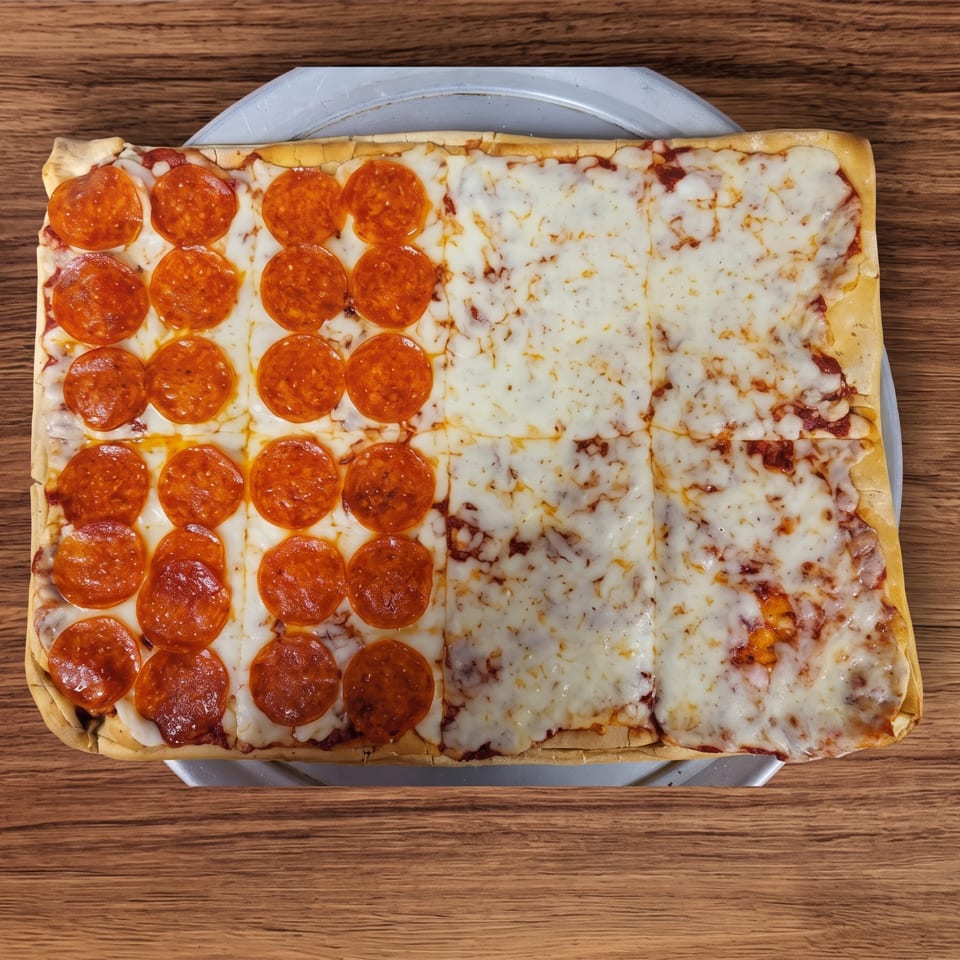 Rectangular pizza with pepperoni on one half and plain cheese on the other, on a metal tray.