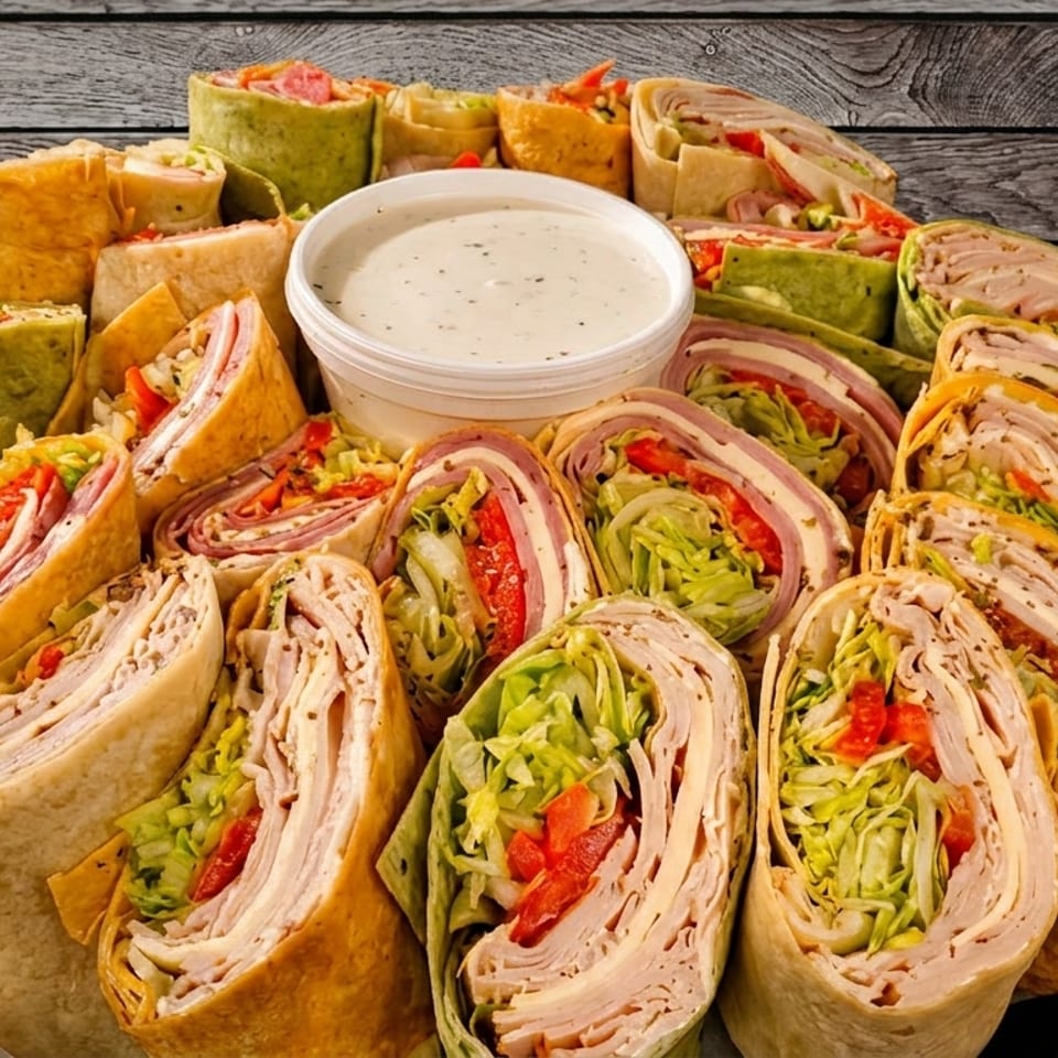 A platter of various sliced wraps with meats, cheeses, and vegetables, with a side of ranch.