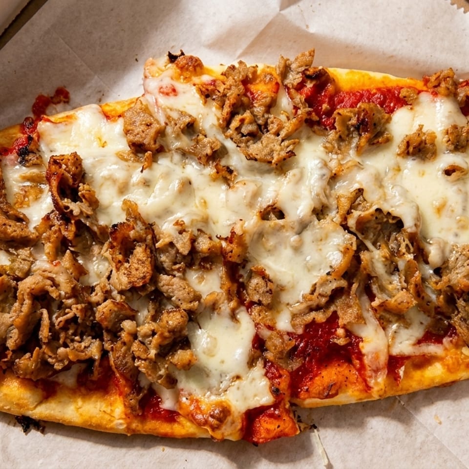 A long, oval flatbread pizza with melted cheese, tomato sauce, and sliced meat in a box.