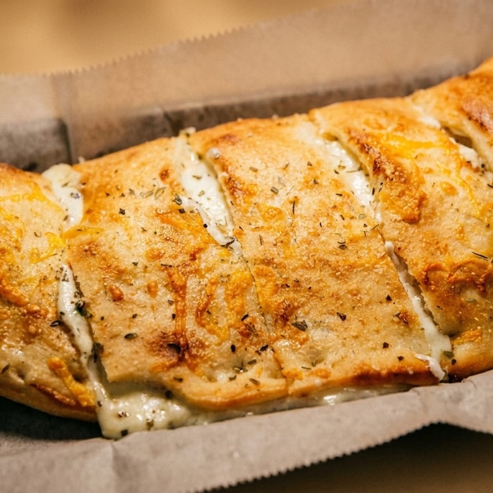 Golden-brown calzone, sliced open to reveal melted cheese, on parchment paper in a metal tray.