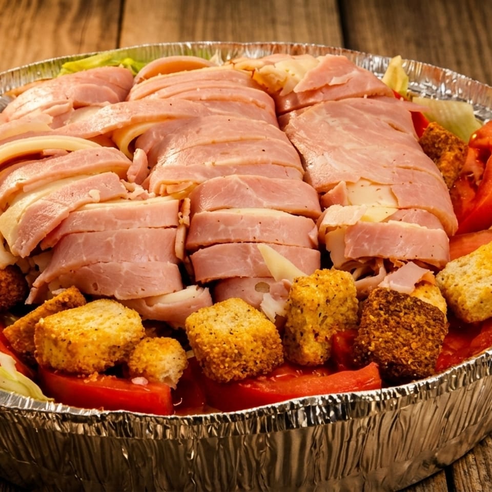 Large chef salad with ham, cheese, tomatoes, croutons, and lettuce in a foil container.