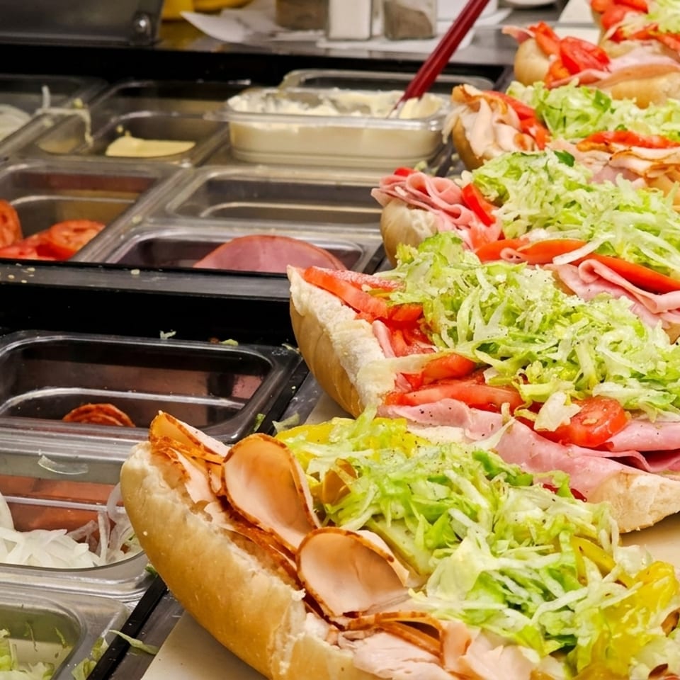 Multiple fresh deli sandwiches with meats, cheese, lettuce, and tomatoes, next to ingredient bins.