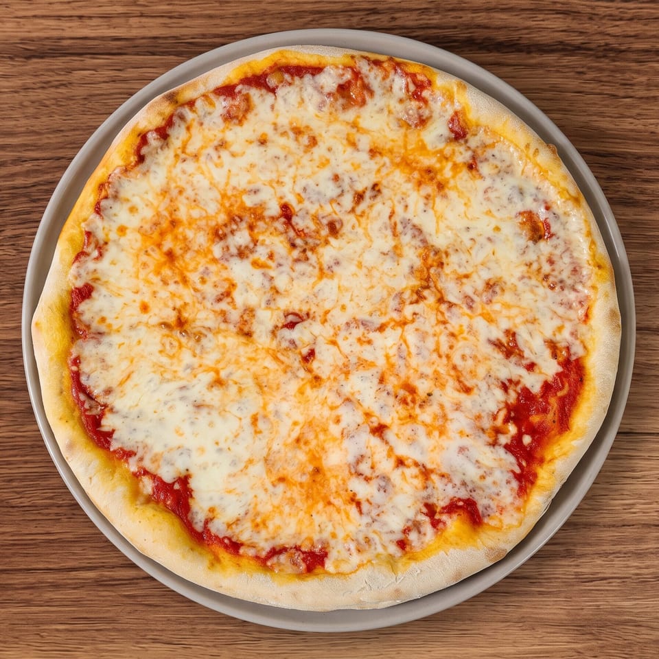 Round cheese pizza with melted mozzarella and tomato sauce on a gray plate.